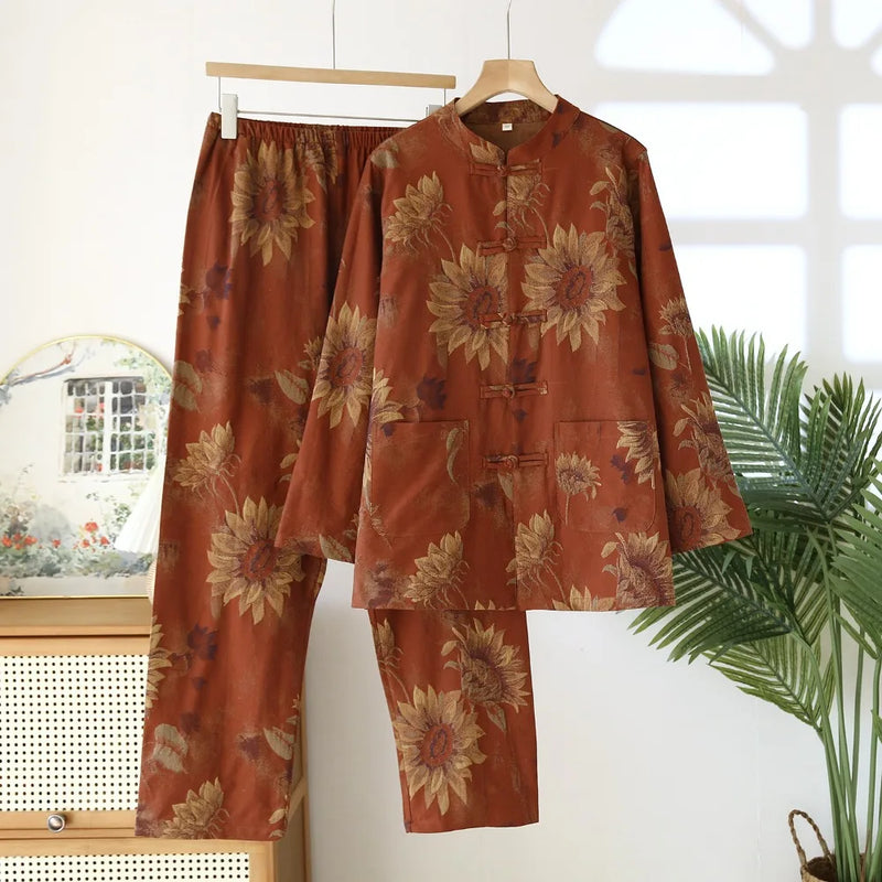 Retro Floral Pyjama Couple Homewear Autumn Sleepwear Cotton Long Sleeve Loungewear Sets Women Pajama Set 2-Piece Home Wear
