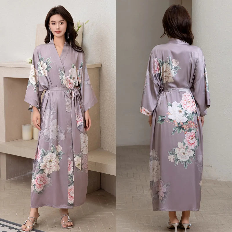 Women Ice Silk Rayon Home Dress Black Print Flower Long Robe Nightgown Spring Summer Half Sleeve Kimono Bathrobe Gown