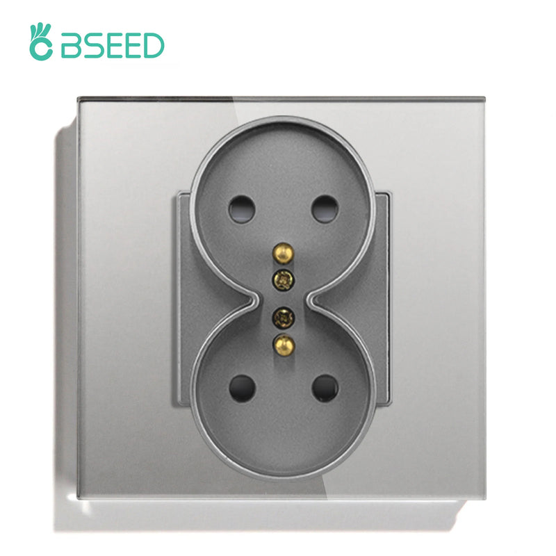 BSEED French Standard Single Wall Power Sockets Double Sockets Dual Electrical Outlets Glass Panel Children Protection 16A