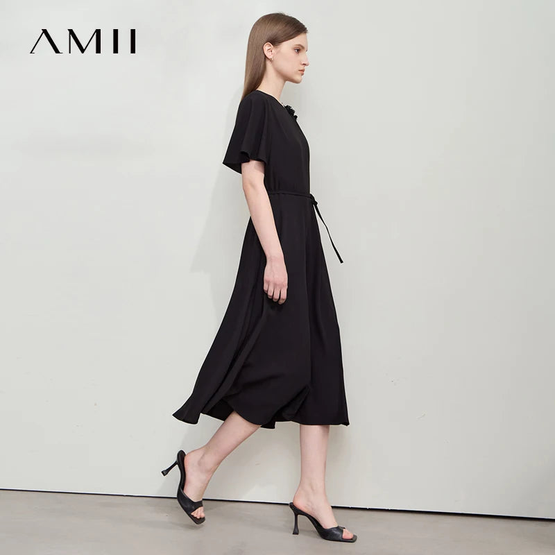 Amii Minimalist Casual Dress 2026 Summer New Women Office Lady Short Sleeve Belt Cubic Flower Loose Chiffon Midi Dress 12512030
