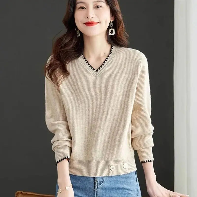 Pulls Femmes Jumper V Neck Long Sleeve Tops Female Short Knitwear Blouse Spring Autumn Winter Clothes Woman Pullover Sweater