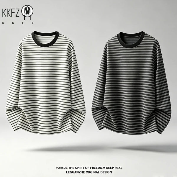 Mens Crew Neck Long Sleeve Knit Tee Horizontal Striped Waffle Pattern Loose Fit For Daily And Casual Occasions