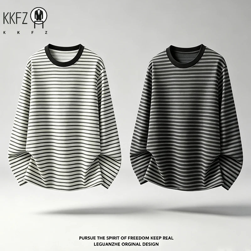 Mens Crew Neck Long Sleeve Knit Tee Horizontal Striped Waffle Pattern Loose Fit For Daily And Casual Occasions