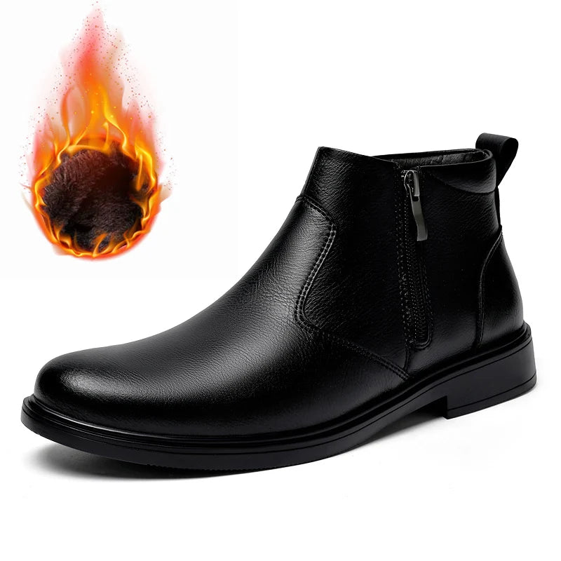 Men's Chelsea Ankle Boots Leather With Double Side Zippers "Plush" and "No Plush" two options