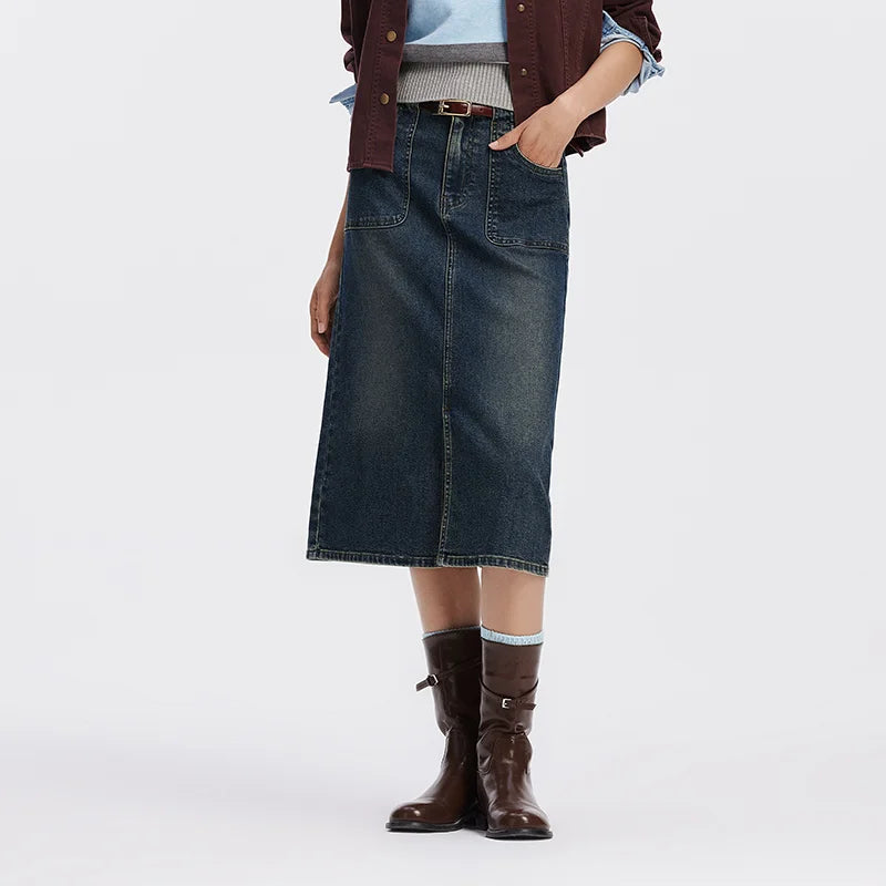 Semir Women Skirt Denim Slit Straight Long Slim Retro Street Style Autumn Bottoms Comfortable Urban Daily Wear 2026