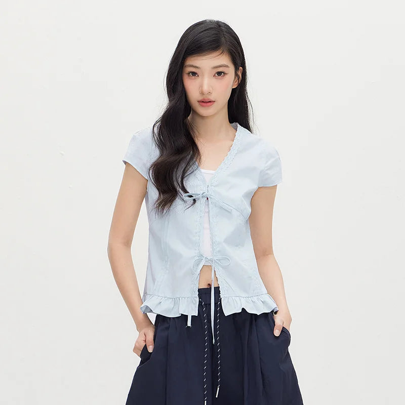Semir Women Shirt Short Length V Neck Bow Cotton Slim Fit Sweet Cute Casual Top 2026 Summer Fashion Daily Wear