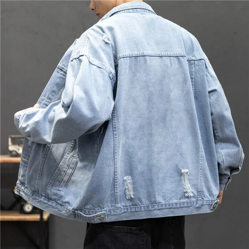 2026 New Men's Blue Denim Jacket, Single Breasted Lapel Casual Coat, Washed Hole Decoration Top,Black,Gray Jackets,Asian Size