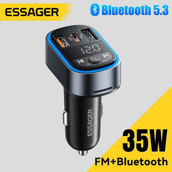 ឧបករណ៍បញ្ជូន Essager FM Bluetooth5.3 35W USB Type-C រន្ធពីរ PD QC ឆ្នាំងសាករថយន្ត Aux វិទ្យុ MP3 ម៉ាស៊ីនចាក់តន្ត្រីសម្រាប់កាត TF/ដ្រាយ USB