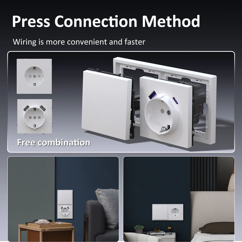 BSEED EU Standard Single Wall Socket Double USB Charge Port Wall Power Outlets Electric Plugs White Black Plastic Frame 16A