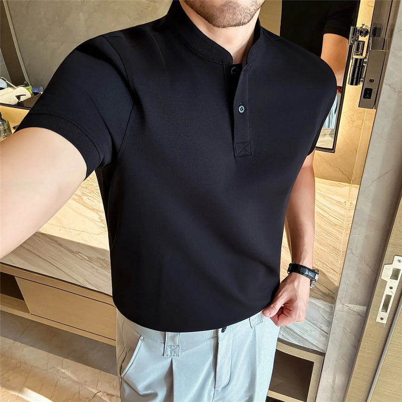 Men Summer Short Sleeve T-Shirt Little Stand Collar Solid Color Casual Loose Tee with Side Split Hem
