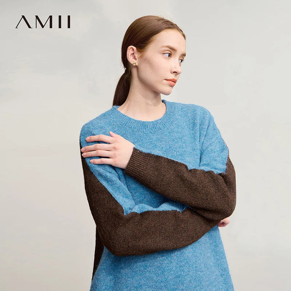AMII Sweater For Woman 2026 Winter New O-Neck Long Sleeve Loose Patchwork Women's Sweater Pullover Knitted Top Female 12544170