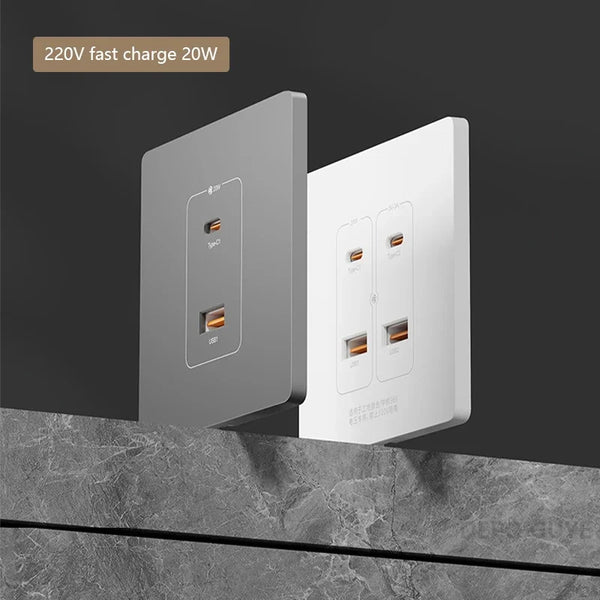 រន្ធដោត USB C ឆ្លាតវៃជាសកលពណ៌ស, រន្ធដោត USB Type-C ចំនួន 4 រន្ធ សាកលឿន 20W, រន្ធដោតថាមពលកុំព្យូទ័រ 220V