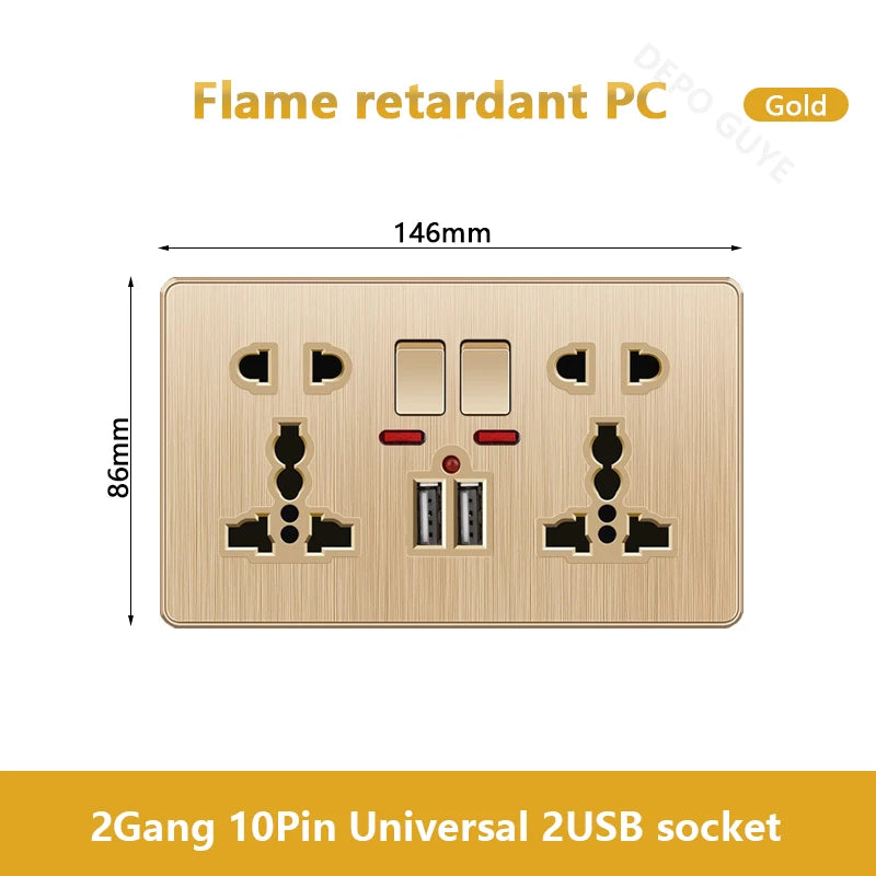 Gold Universal 3/5Pin Plastic Power Socket,UK Wall Outlet With 2.1A Dual USB Port,220V Electrical 2way Switch TV Computer CAT6