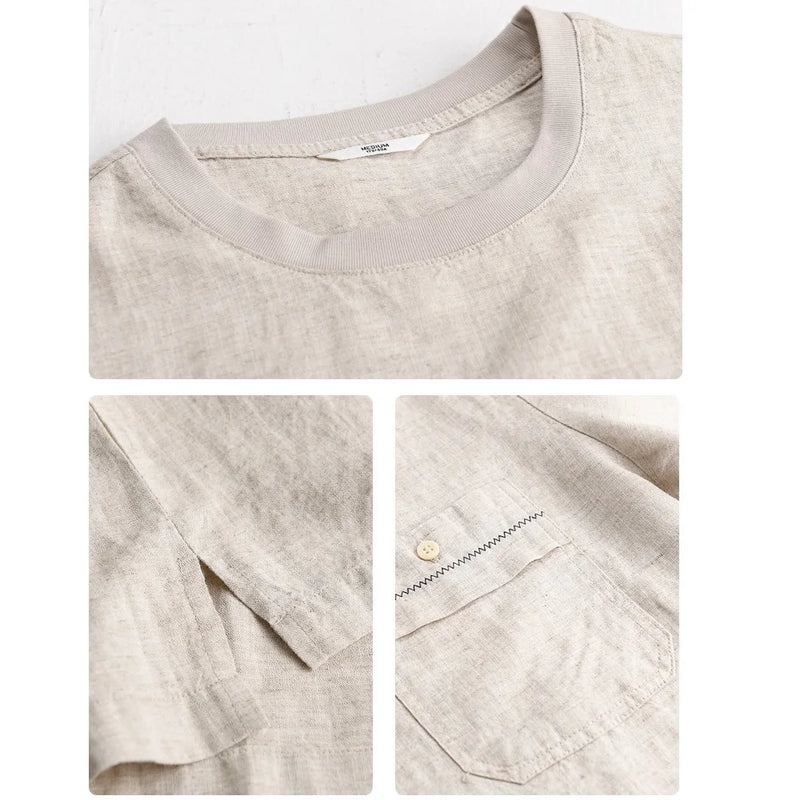 Linen Blend Short Sleeve T-Shirt – Loose Fit Crewneck with Chest Pocket, Lightweight & Cooling for Summer