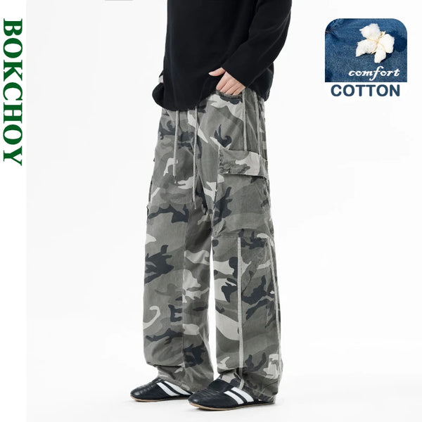 2026 Spring Summer New Cargo Casual Big Pocket Cotton Pant for Men Comfort Drawstring Pants JL26211M