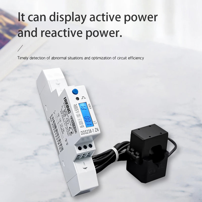 TOMZN CT Energy Meter LCD,85-300V(400Vmax),100A,50/60Hz,meas.pos/rev active&reactive energy,V,A,Hz,PF,backlight.