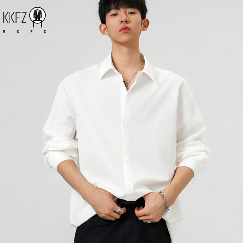 Male Fashion Oversized Shirt Long Sleeve Lapel Button Front Wrinkle Resistant Cloth Ideal For Multiple Daily Scenarios
