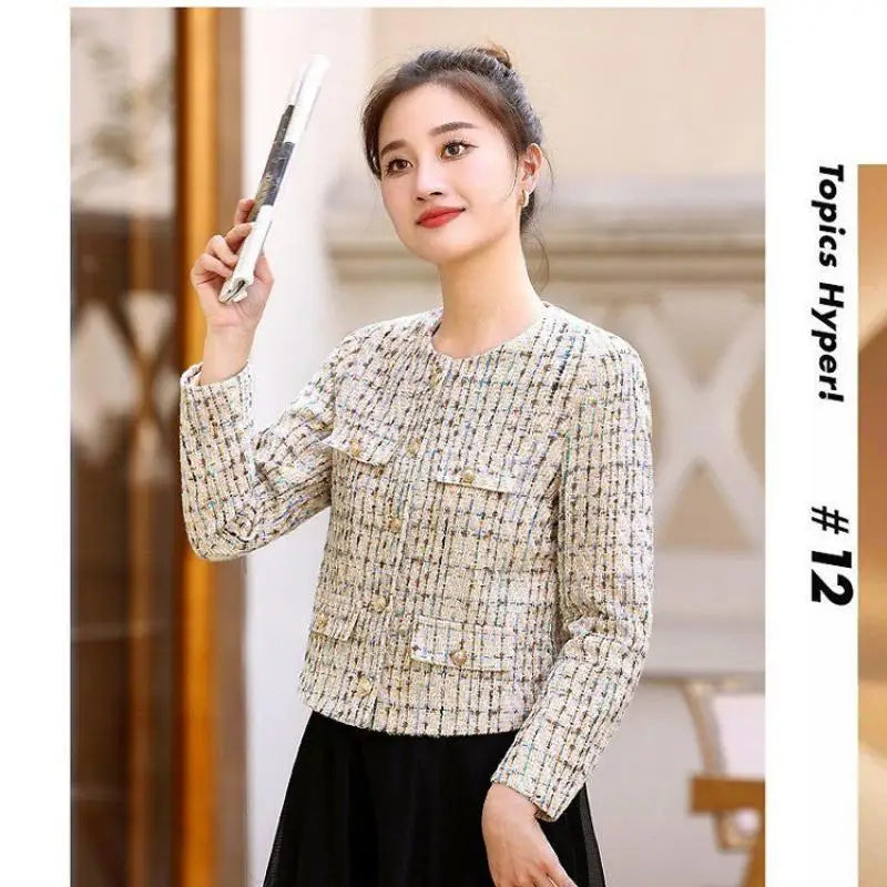 អាវធំ Tweed ផ្អែមបែបកូរ៉េថ្មីសម្រាប់នារី ម៉ូដសាមញ្ញ ដៃវែង ស្លីម ស្រស់ស្អាត បែបនារី ក O បែបបើកចំហរ ស្លៀកក្រៅ