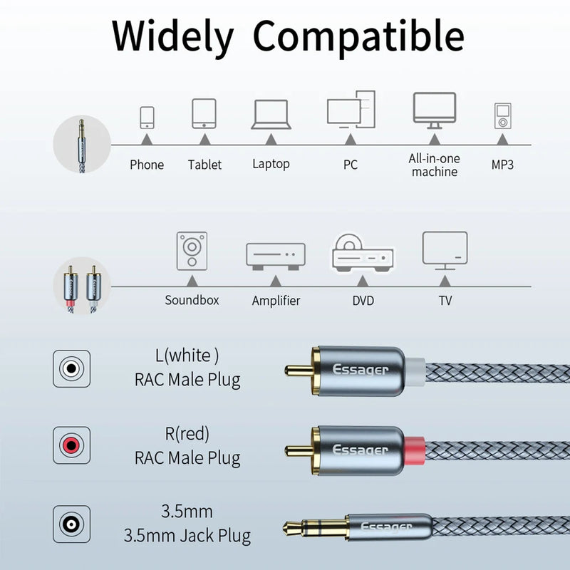 ខ្សែអូឌីយ៉ូ Essager RCA Jack 3.5 ទៅ 2 RCA ខ្សែ 3.5mm Jack ទៅ 2RCA Male Splitter ខ្សែ Aux សម្រាប់ទូរទស្សន៍កុំព្យូទ័រ ឧបករណ៍បំពងសម្លេងឌីវីឌី ខ្សែ