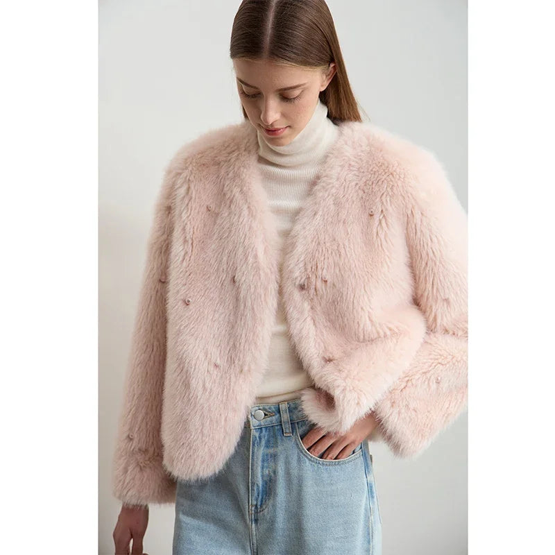 AMII Minimalist 2026 Winter New Women's Commuter V-neck Handmade Beaded Imitation Mink Fur Loose Warm Plush Jacket 12424021