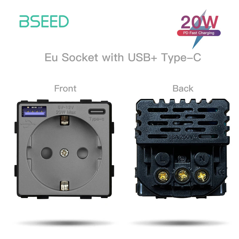 BSEED EU Standard Wall Power Socket USB Outlet Without Glass Panel DIY Function Parts Type-C Charge Port Part 110-250V 16A