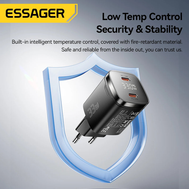 ឆ្នាំងសាក Essager 33W GaN Dual USB Type C PD សាកថ្មលឿនសម្រាប់ iPhone 17 16 15 14 13 Pro Max iPad ឆ្នាំងសាកទូរស័ព្ទអេក្រង់ឌីជីថល
