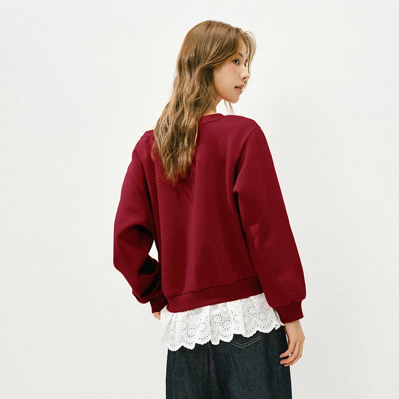 Semir Women Hoodie 2026 New Red One Shoulder Fake Two Piece Sexy Smart Casual Style Spring Holiday Tops
