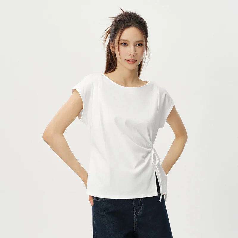 Semir Womens Tshirt 2026 Slash Neck Bow Slit Split Pure Cotton Gentle Style Casual Soft