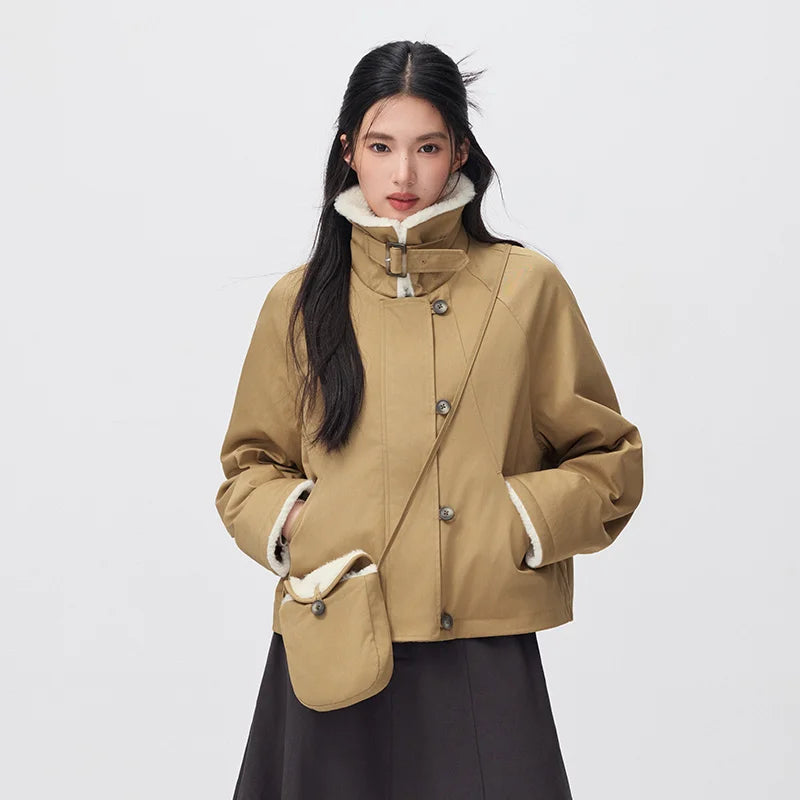 Semir Women Winter Jacket Plush Collar Loose Fit Raglan Sleeve Vintage Style Workwear 2026 New Winter Daily Wear