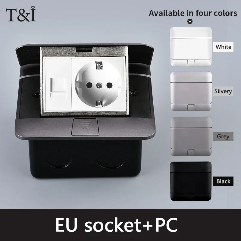 Metal Panel EU Standard Hidden Type Table Socket 2/3 Way Outlet USB/EUR/Universal/FR Office Cabinet Desktop Aluminum 120x120mm