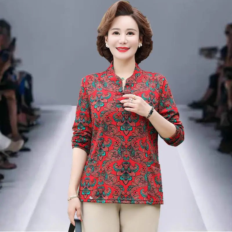 អាវយឺត Pullover ថ្មី កមូល រចនាប័ទ្ម Retro ប៊ូតុង បោះពុម្ពធរណីមាត្រ ដៃវែង អាវ Midi រលុង