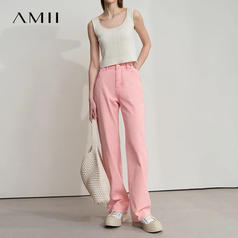 ខោខូវប៊យ AMII Minimalist សម្រាប់នារី រដូវស្លឹកឈើជ្រុះ ឆ្នាំ២០២៥ ខោជើងត្រង់បែប Retro ថ្មី ងាយស្រួលស្លៀក ខោកប្បាសពណ៌សុទ្ធ សម្រាប់ធ្វើដំណើរ 12542026