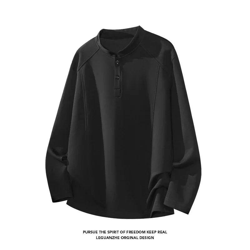 Male Raglan Sleeve Henley Pullover Stand Collar Two Button Long Sleeve Breathable Fabric Casual Travel Garment