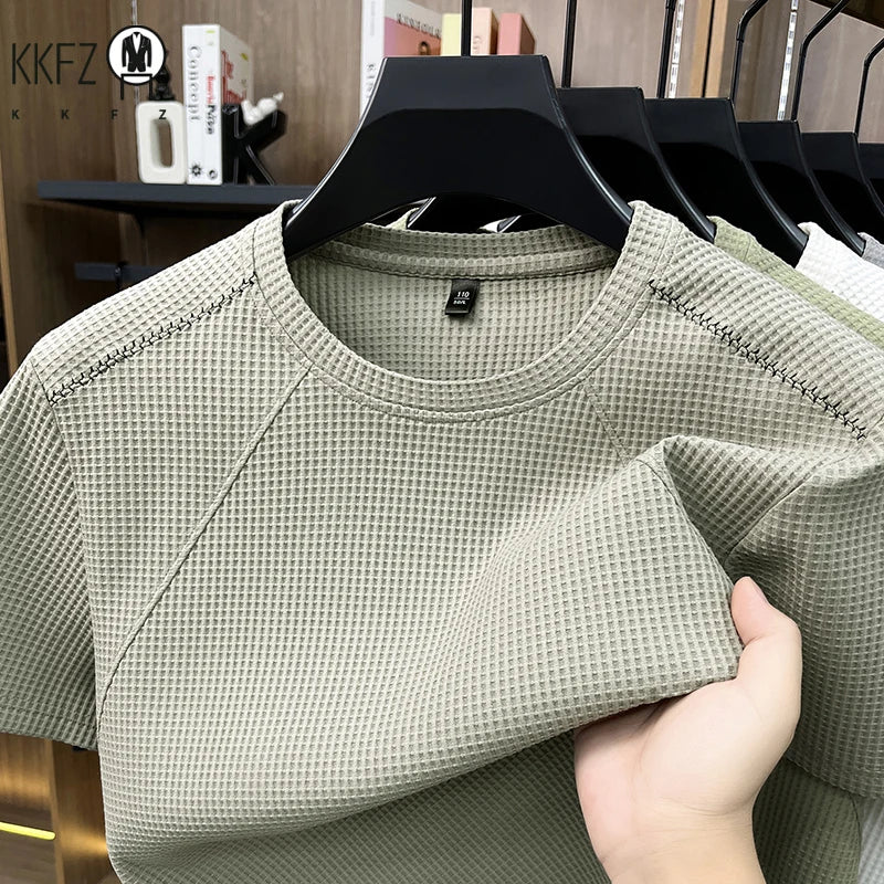 Men Waffle Knit Short Sleeve Crew Neck T Shirt Casual Lightweight Breathable Soft Top For Daily Use