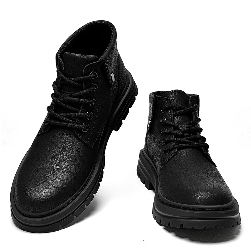 Mens Leather Boots Ankle British Style with Platform Soles Cushion Plush/Non-Plush Options Plus Big Size 48 49 50