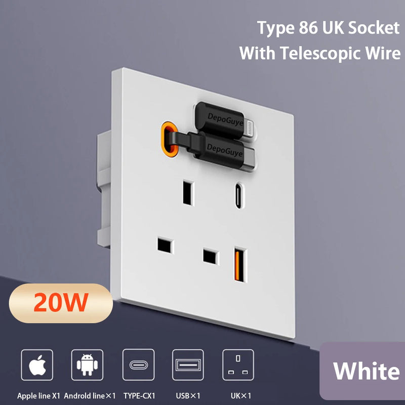 86 Type Universal 20W USB Type-C Socket Panel With Expandable Charging Cable Outlet,UK Mobile phone charging Type-c Socket