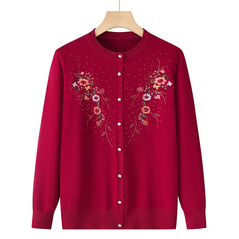 Middle-aged And Elderly Women's Embroidery Knit Cardigan Jacket Single-breasted Slim Sweater Coat Spring Autumn Grandma Clothing