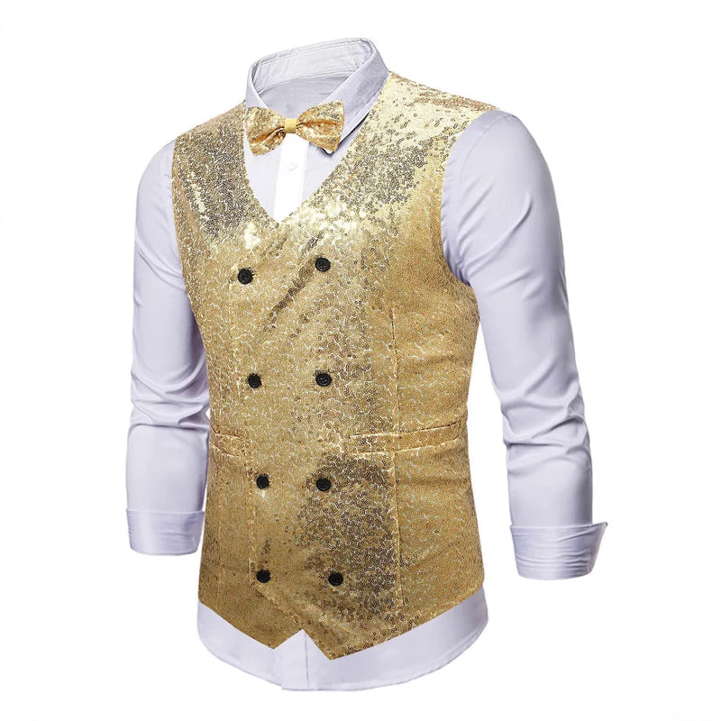 Men's Gold Sleeveless Vest Jacket with Sparkling Round Sequins; Perfect for Weddings, Parties, Performances Silver Waistcoat
