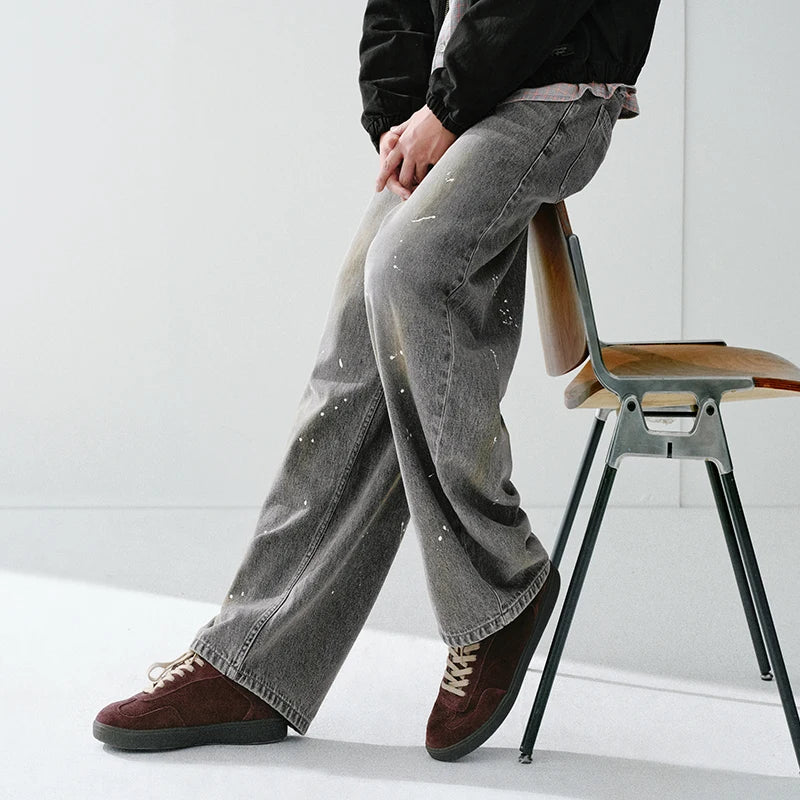 Semir Men Jeans 2026 Spring New Vintage Washed Distressed Wide Leg Arc Shape Splash Ink Retro Style Pants