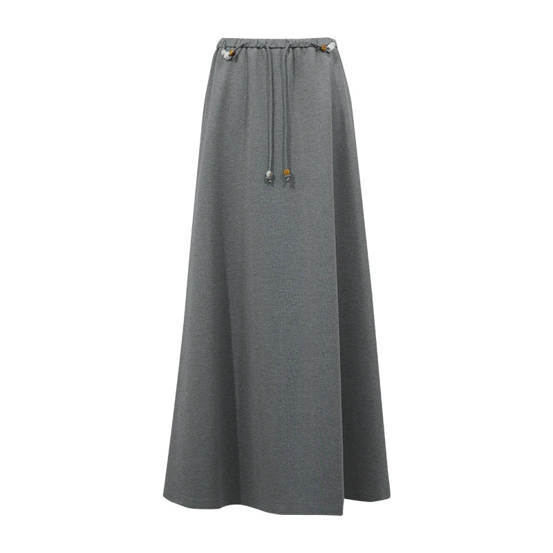 Amii Long Skirt 2026 Autumn New Drawstring Waist Casual Knit Women's Skirt Stretch Loose Daily Wear Flowy Woman Clothes 12643010