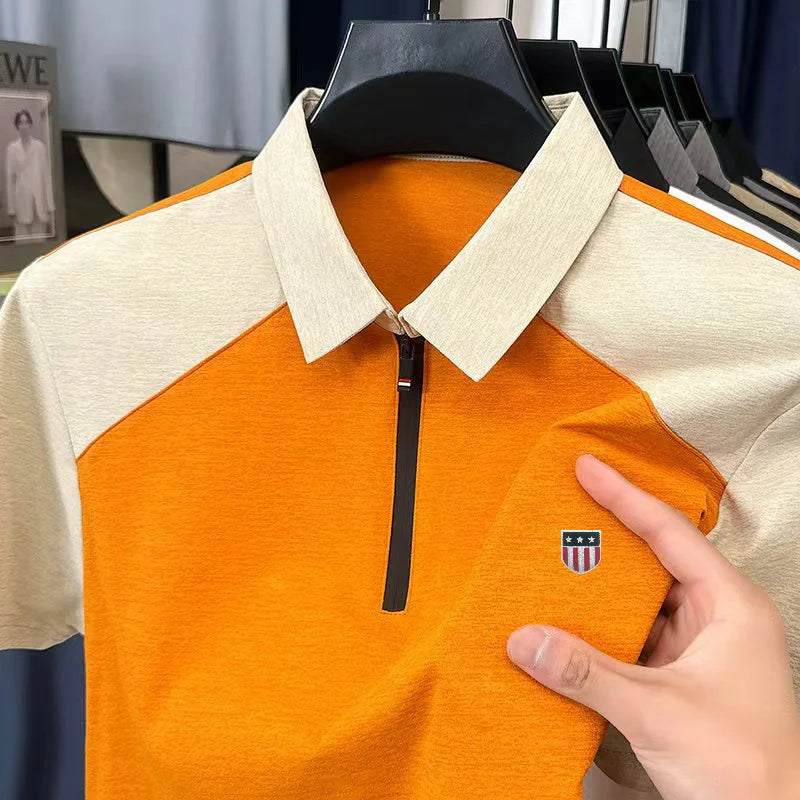 High Quality Summer Men New Short-Sleeved Polo Shirt Lapel Zipper Color Blocking Stamp Korean-Style Leisure Snug Men's Clothing