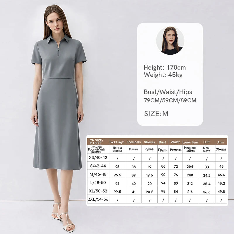 Amii Women's Casual Dresses 2026 Summer New Lapel Zip Half Placket Fitted Waist Office Short Sleeve Midi Dress Women 12642146