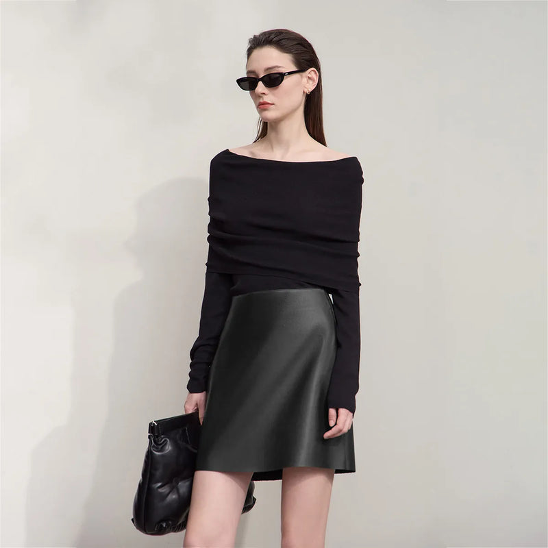 AMII Mini Skirt 2026 Autumn New Modern Retro Clothing Ladies Solid Versatile A-shaped PU Leather Short Skirts For Woman 12513022