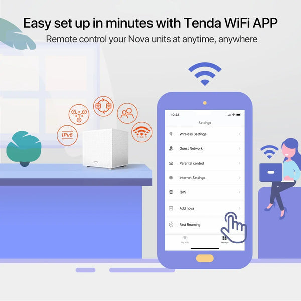 រ៉ោតទ័រវ៉ាយហ្វាយ Tenda Mesh 2100Mbps MW12 Gigabit Dual Band Wireless Roteador AC2100 2.4&5GHz Network Mesh Range Extender គ្របដណ្តប់ 500m²