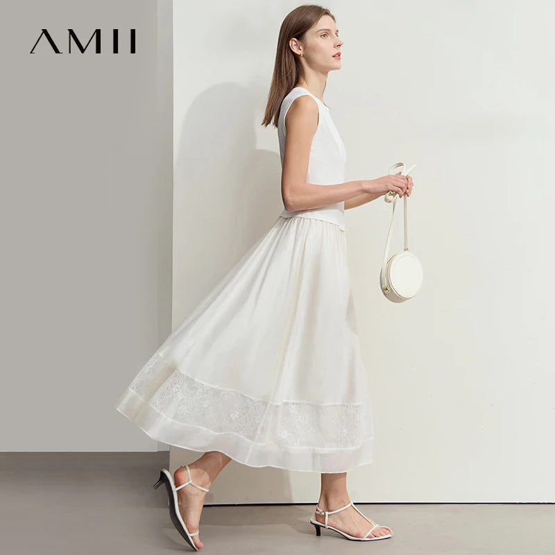 រ៉ូប Amii Minimalist រដូវក្តៅថ្មីឆ្នាំ ២០២៥ រ៉ូបប៉ាក់រាងអក្សរ A សម្រាប់ស្ត្រី រ៉ូបពណ៌ខ្មៅបែបចរ 12552054