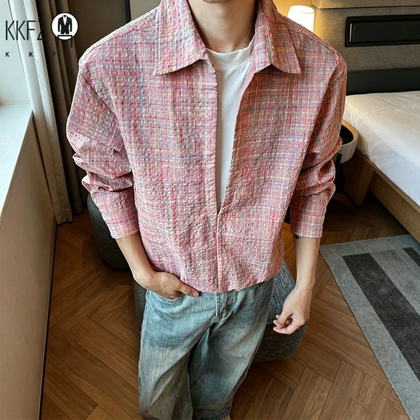 Male Grid Check Textured Long Sleeve Shirt Lapel Collar Relaxed Cut Lightweight Material Casual Outer Top