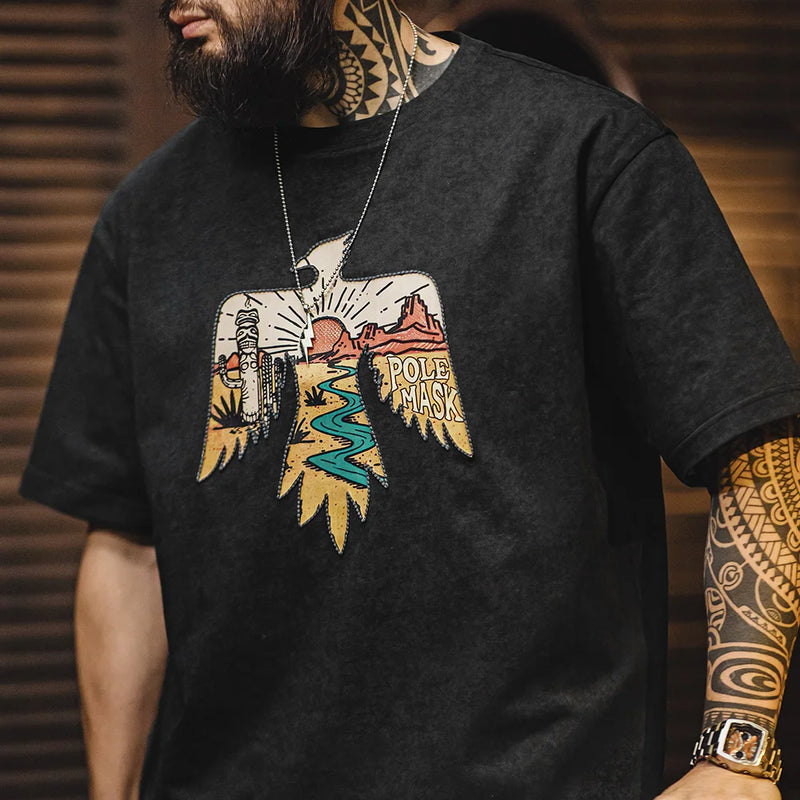 អាវយឺត Maden Vintage Style Thunderbird Print T-Shirt Men Summer Short Sleeve Pattern Heavy Stripe Navajo Crew Neck Tops Street Tops