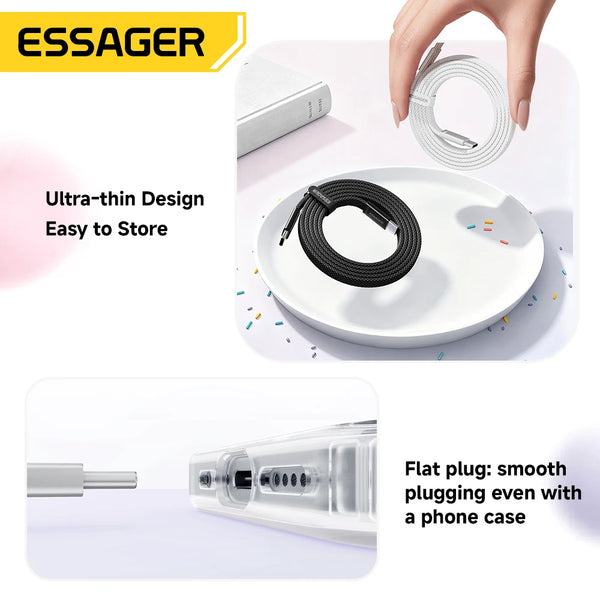 ខ្សែសាក ESSAGER 100W USB C ទៅ Type C Slim 5A PD សាកថ្មលឿនសម្រាប់ MacBook iPhone 17 16 Pro Max iPad Xiaomi Laptops USB-C Data Cord