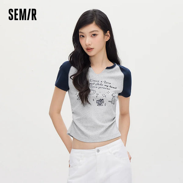 អាវយឺត Semir សម្រាប់នារី ដៃខ្លីបោះពុម្ព ស្លីម រ៉ូហ្គែន ទាន់សម័យ រដូវក្តៅ ឆ្នាំ២០២៦ ម៉ូដធម្មតា ស្រួលពាក់