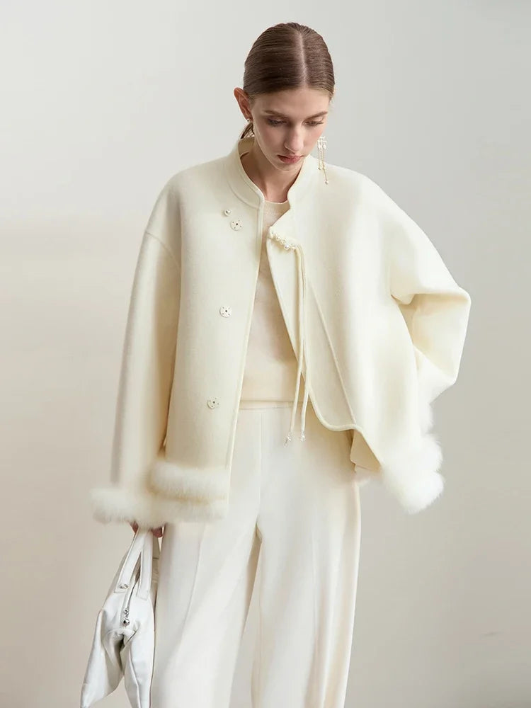 Amii Women's Coat 2026 Winter New Chinese Style Warm Woolen Jacket Woman Stand-up Collar Solid Wool Long Sleeves Coats 12444083